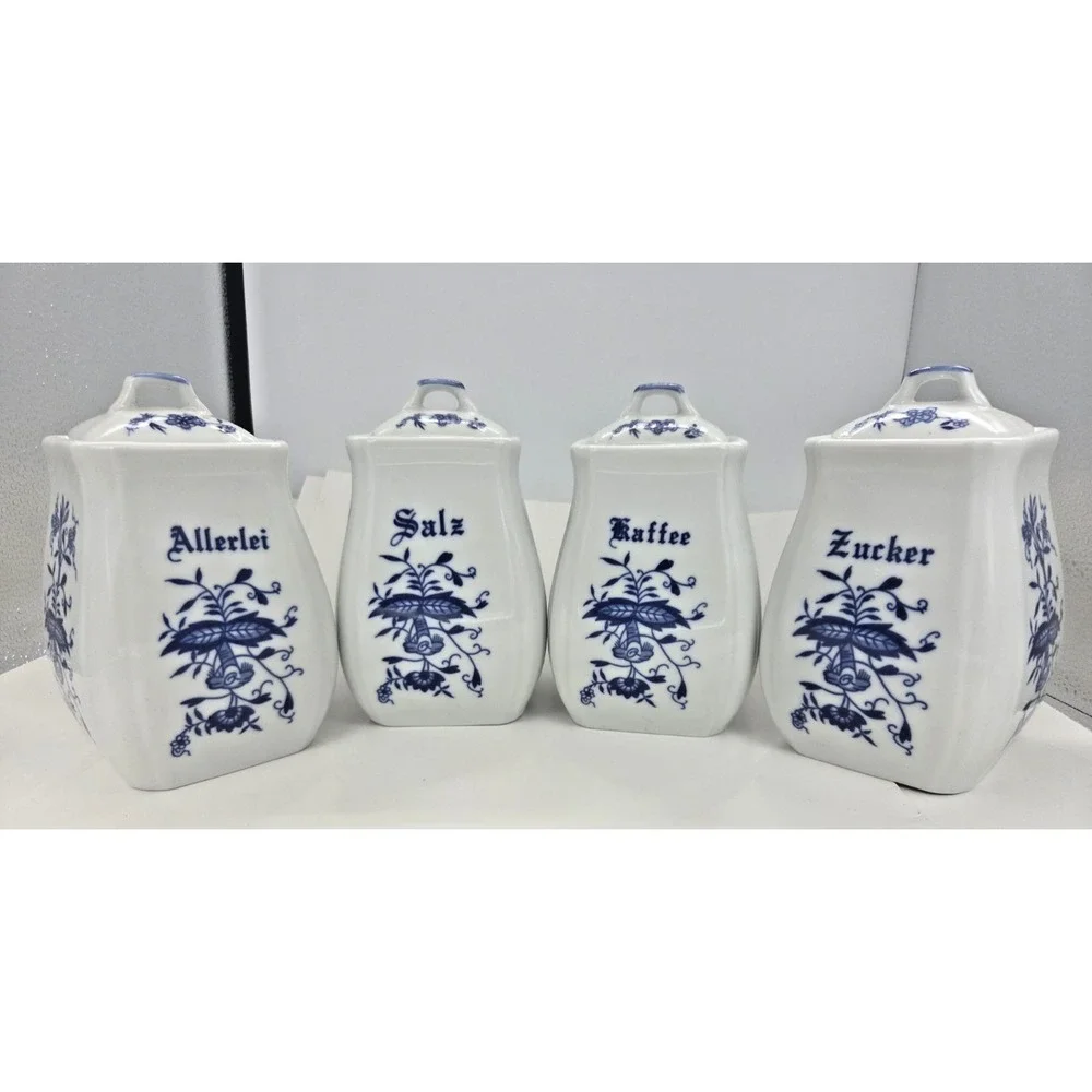 German Vtg Blue Onion Canister Set Of 4 Ceramic Allerlei Mehl Salz Zucker